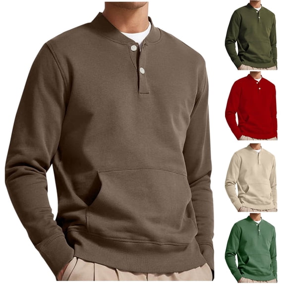 safuny Men's Casual Sports Activewear Loose Tops Pockets Big&Tall Long Sleeve Shirts V Neck Sweatshirts Button Fashion Outwear Solid Color Pullover Green L