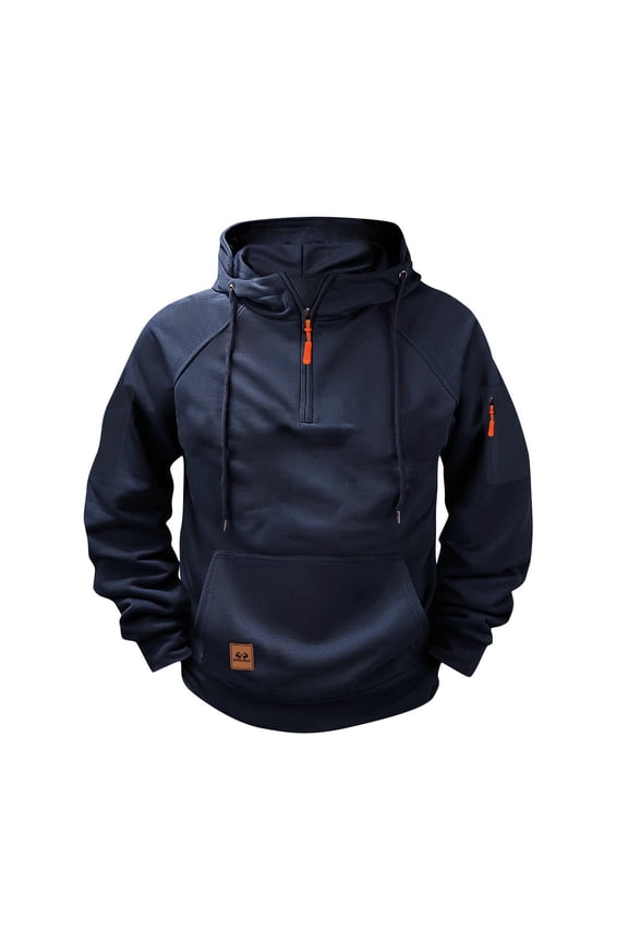 Men's Casual Sports Loose Cargos Hoodies Shirts Big&Tall Fashion Crew Neck Sweatshirts Half Zipper Long Sleeve Tops Pockets Solid Color Pullover Workout Blue M