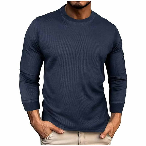 safuny Men's Casual Waffle Loose Cotton Shirts Big&Tall Fashion Workout Crew Neck Sweatshirts Long Sleeve Tops Solid Color Pullover Blue S