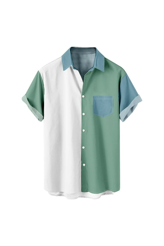 Men's Casual Workout Blouses Loose Tops Pockets Trendy Short Sleeve Pullovers Activewear Turn Down Collar Button Down Shirts Color Block Tees Summer Green L