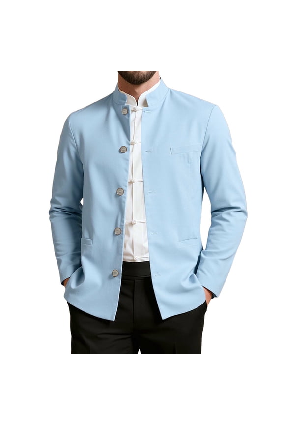 Men's Chinese Mandarin Collar Jacket Casual Button Down Blazer Coat Light Blue L