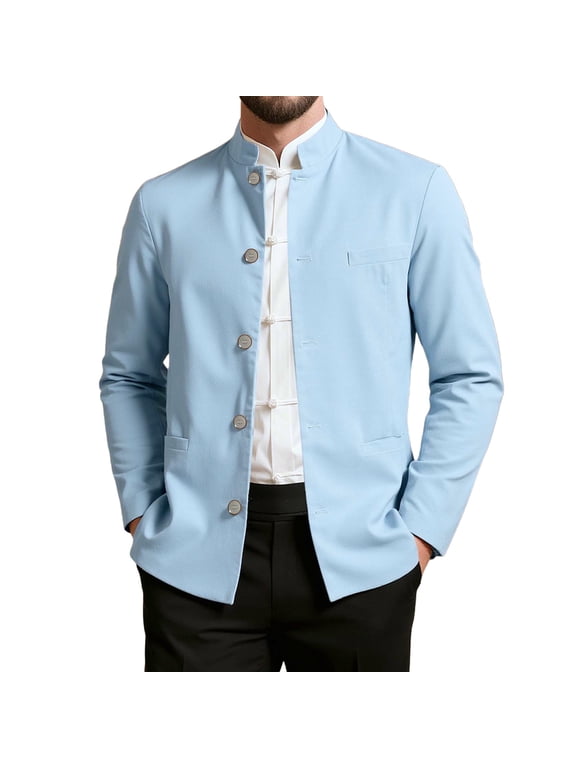 Men's Chinese Mandarin Collar Jacket Casual Button Down Blazer Coat Light Blue M