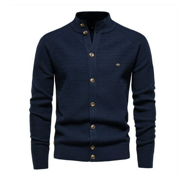 safuny Men's Classic Cardigan Sweaters Stand Collar Slim Casual Knitted Sweater long sleeve button Blue S