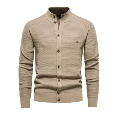 safuny Men's Classic Cardigan Sweaters Stand Collar Slim Casual Knitted Sweater long sleeve button Yellow M