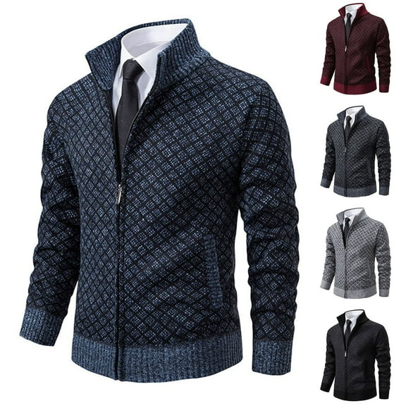 safuny Men's Classic Cardigan Sweaters Stand Collar Slim Casual Knitted Sweater long sleeve zipper Black L