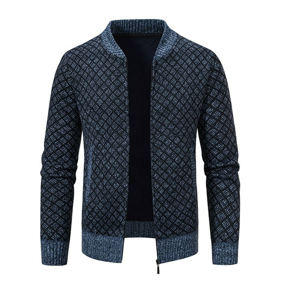 safuny Men's Classic Cardigan Sweaters Stand Collar Slim Casual Knitted Sweater long sleeve zipper Blue L