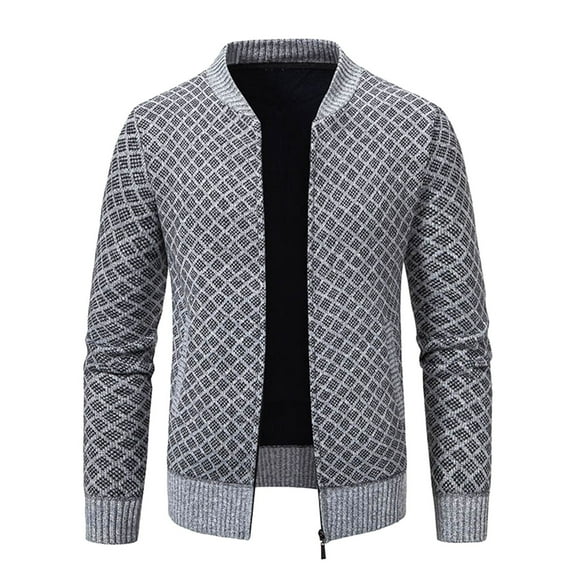 safuny Men's Classic Cardigan Sweaters Stand Collar Slim Casual Knitted Sweater long sleeve zipper Gray L