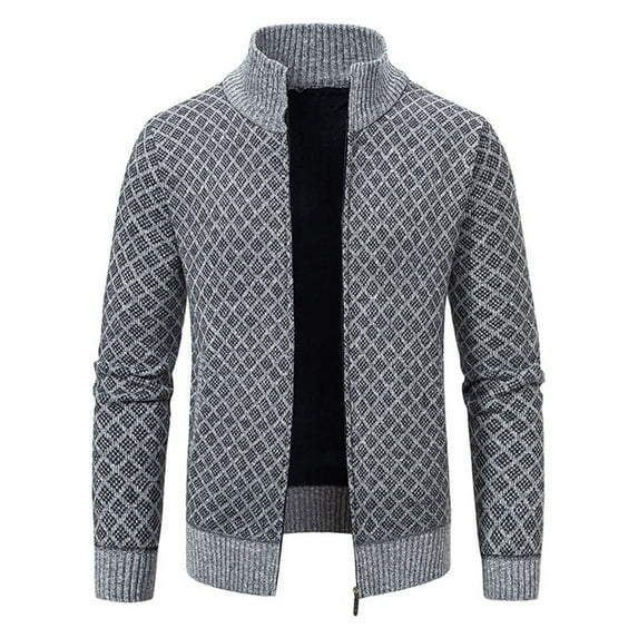 safuny Men's Classic Cardigan Sweaters Stand Collar Slim Casual Knitted Sweater long sleeve zipper Gray XL