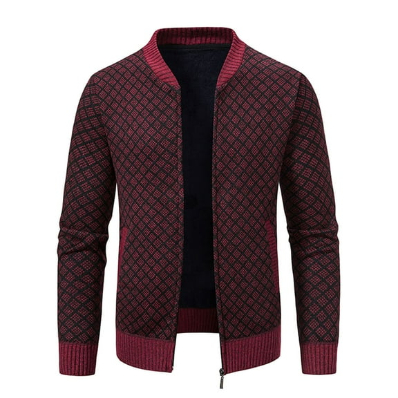 safuny Men's Classic Cardigan Sweaters Stand Collar Slim Casual Knitted Sweater long sleeve zipper Red L