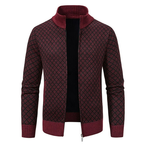 safuny Men's Classic Cardigan Sweaters Stand Collar Slim Casual Knitted Sweater long sleeve zipper Red XL