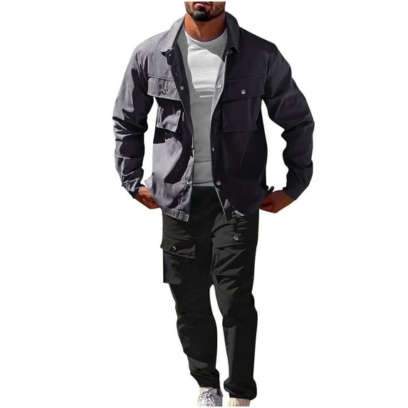 safuny Men's Clearance Long Sleeve Button Tracksuits Fall Winter Casual Joggers Cargo Pants Drawstring Lapel Sweatshirts 2 Piece Outfits Shackets Big&Tall Pullover Lounge Sets Gray L