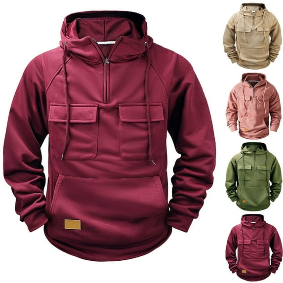 safuny Men's Clearance Outdoors Long Sleeve Tops Fashion Loose Cargos Hoodies Shirts Big&Tall Solid Color Pullover Workout Crew Neck Sweatshirts Quarter Zipper Casual Sports Green L