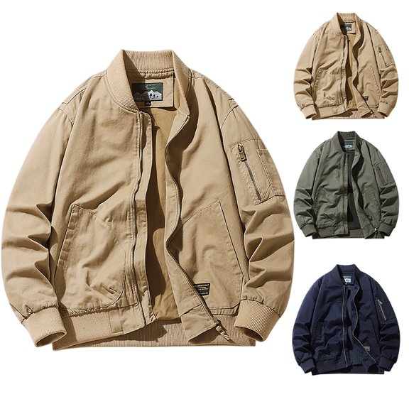 safuny Men's Pullovers Casual Sports Bomber Jackets Stand Collar Retro Cardigans Long Sleeve Cotton Zipper Jackets Workout Cargo Tops with Pockets Big&Tall Green L