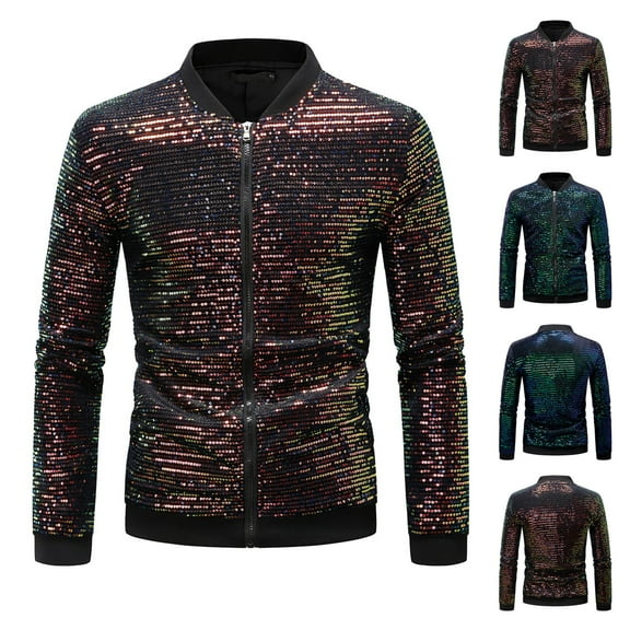safuny Men's Sequins Outwear Windbreaker Fall Winter Zipper Turn Down Collar Cardigans Performance Jackets Big&Tall Fashion Casual Loose Shackets Long Sleeve Party Coat Gold L