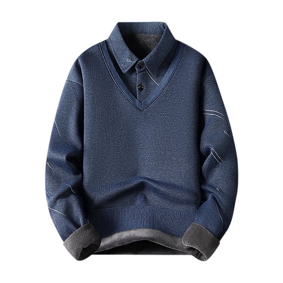 safuny Men's Clearance Solid Color Pullover Casual Cotton Long Sleeve Shirts Fashion Outwear Winter Thicken Fake Two Piece Tops Big&Tall Lapel Sweatshirts Button Blue XL