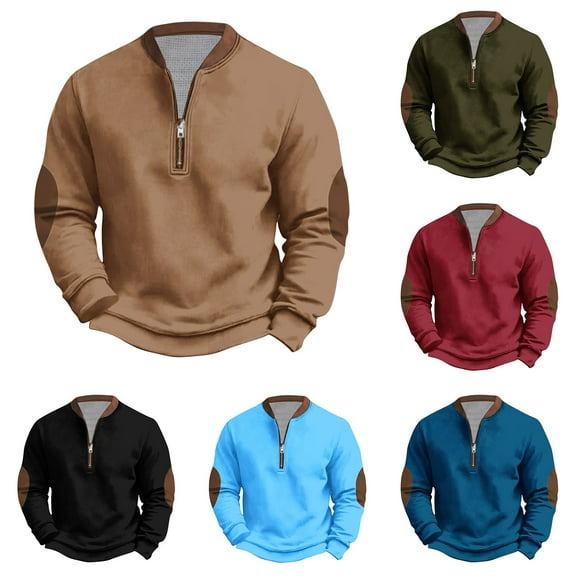 safuny Men's Solid Color Pullover Fashion Long Sleeve Tops Casual Loose Shirts Big&Tall Stand Collar Sweatshirts Half Zipper Workout Green L
