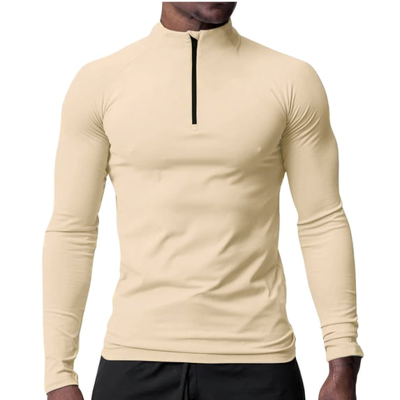 safuny Men's Clearance Solid Color Quarter Zipper Sports Pullovers Casual Relaxed Gym Slim Basic Tops Fashion Stand Collar Shirts Fall Long Sleeve Breathable Workout Beige XXXXL