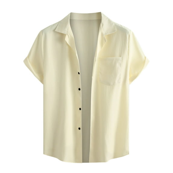 safuny Men's Clearance Solid Color Tees Summer Turn Down Collar Button Down Shirts Casual Workout Blouses Trendy Loose Tops Pockets Short Sleeve Pullovers Activewear Beige S