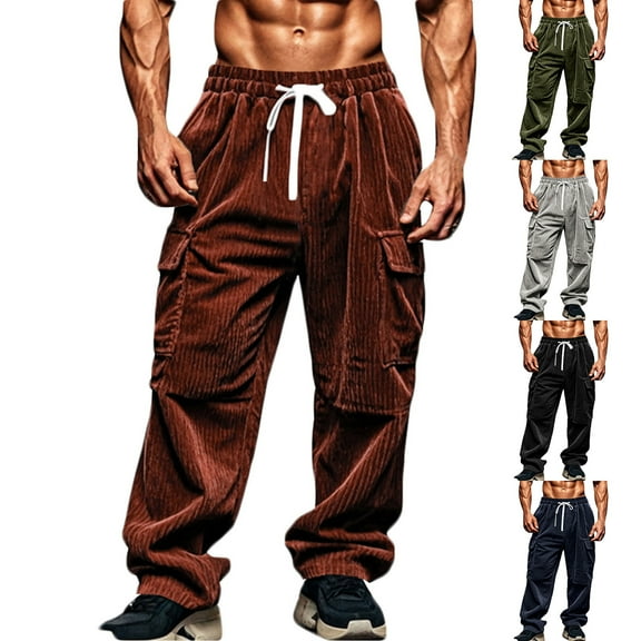 safuny Men's Solid Lounge Pants Hiking Outdoors Casual Corduroy Sweatpants Jog Pants Fleece Activewear Straight Leg Cargos Pants with Pockets Trousers Big&Tall Green L