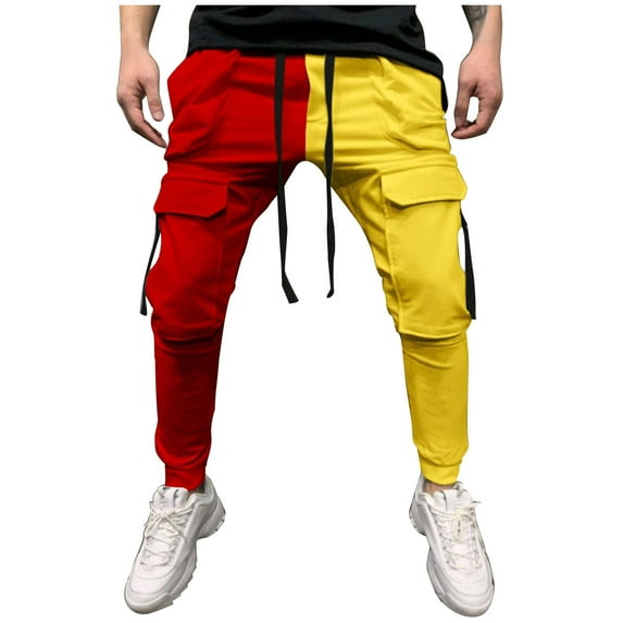safuny Men's Color Block Pants Skinny Cargo Pants Hip Hop Slim Joggers Trendy Sports Multi Pockets Pants Red XL