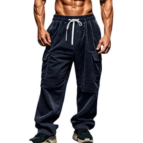 safuny Men's Corduroy Sweatpants Straight Leg Cargos Pants with Pockets Trousers Big&Tall Solid Lounge Pants Hiking Outdoors Casual Jog Pants Fleece Activewear Blue XXL