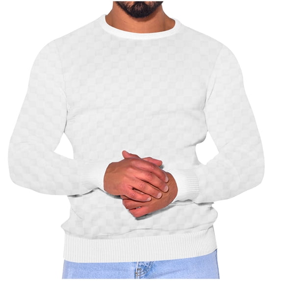 safuny Men's Crew Neck Sweatshirts Loose Sweaters Basic Shirts Big&Tall Outwear Plaid Pullover Fashion Casual Activewear Long Sleeve Sports Knitted Tops Fall Winter White M