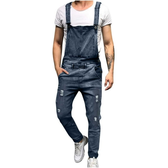 safuny Men's Denim Ripped Straight Overalls Summer Solid Fit Clearance Trendy Trousers Fashion Sale Sleeveless Jumpsuit Rompers Pocket Button Blue S