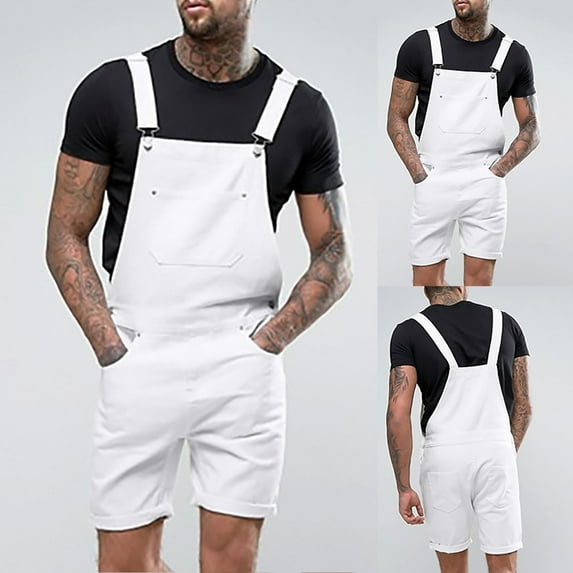 safuny Men's Denim Shorts Straight Overalls Summer Fashion Solid Sale Sleeveless Jumpsuit Rompers Trendy Trousers Breast Pocket Button Fit White S