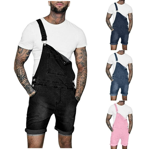 safuny Men's Denim Shorts Straight Overalls Summer Fit Solid Sale Sleeveless Jumpsuit Rompers Trendy Trousers Fashion Breast Pocket Button Dark Blue S