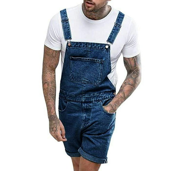safuny Men's Denim Straight Overalls Summer Fit Solid Sale Sleeveless Jumpsuit Rompers Trendy Trousers Fashion Breast Pocket Button Dark Blue XL