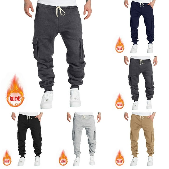 safuny Men's Drawstring Loose Joggers Sweatpants Pockets Trousers Running Big&Tall Athletic Pants Casual Cargo Pants Sports Workout Pants Winter Thicken Black L