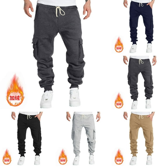 safuny Men's Drawstring Loose Joggers Sweatpants Pockets Trousers Running Big&Tall Athletic Pants Casual Cargo Pants Sports Workout Pants Winter Thicken Black L