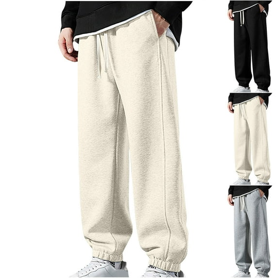 safuny Men's Elastic Waist Drawstring Trousers Big&Tall Jogger Pants with Pockets Fashion Activewear Solid Color Lounge Pants Casual Jog Pants Sports Sweatpants Beige L