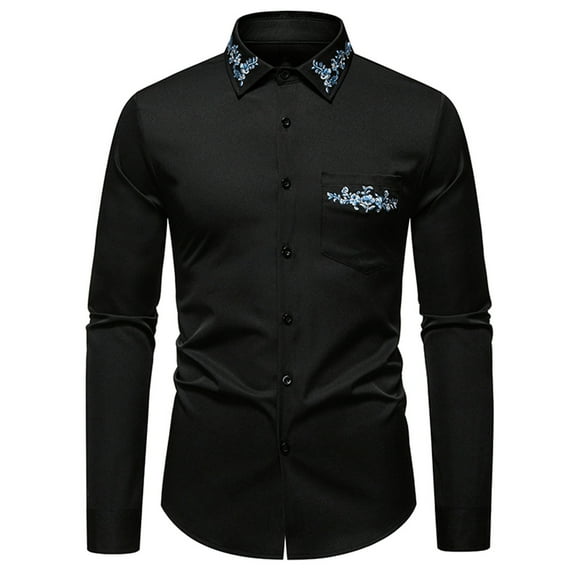 safuny Men's Embroidered Dress Shirt Light Blue Long Sleeve Button Down Casual Slim Top Black M