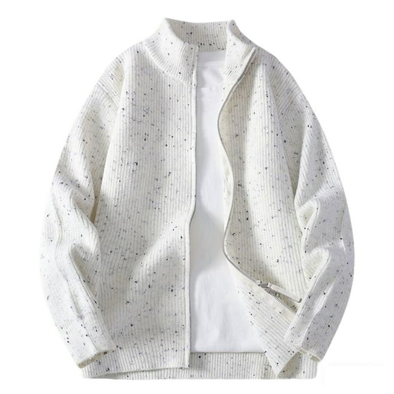 safuny Men's Fashion Casual Knit Cardigan Stand Up Collar Solid Color Double Ended Zip Jacket Long Sleeve Soft able Pocket Stylish Outerwear for Daily Outdoor Activities White L