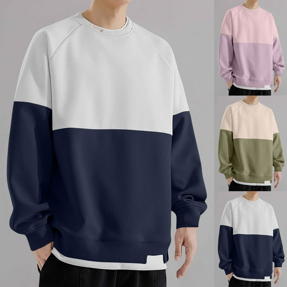 safuny Men's Fashion Color Block Pullover Long Sleeve Shirts Casual Loose Tops Big&Tall Outwear Crew Neck Sweatshirts Gray L