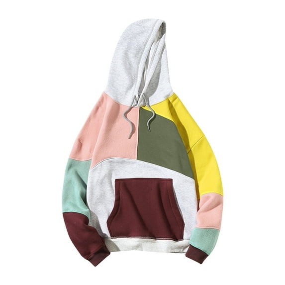 safuny Men's Fashion Patchwork Color Block Pullover Crew Neck Sweatshirts Loose Hoodies Shirts Big&Tall Workout Clearance Long Sleeve Tops Pockets Casual Drawstring Retro Pink XXXXL