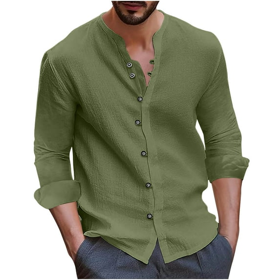 safuny Men's Fashion Solid Color Button Down Cardigan Long Sleeve Button Up Blouses Workout Loose Tops Clearance Stand Collar Shirts Fall Casual Relaxed Cotton Lined Green XXXXL