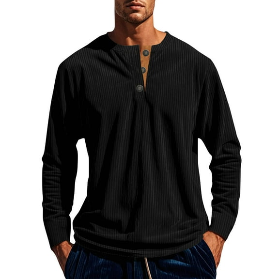 safuny Men's Fashion Solid Color Cotton Outwear Workout Long Sleeve Tops Fall Winter Loose Sweatshirts Big&Tall Casual Corduroy Shirts Button Stand Collar Pullover Black L