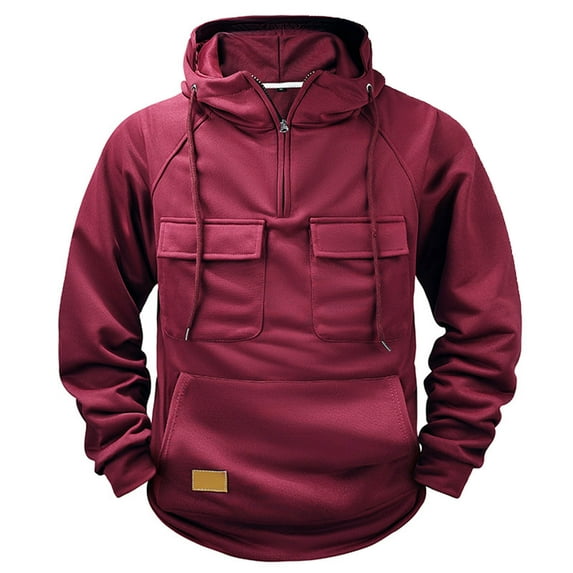 safuny Men's Fashion Solid Color Pullover Casual Sports Workout Loose Cargos Hoodies Shirts Big&Tall Crew Neck Sweatshirts Quarter Zipper Outdoors Long Sleeve Tops Red S