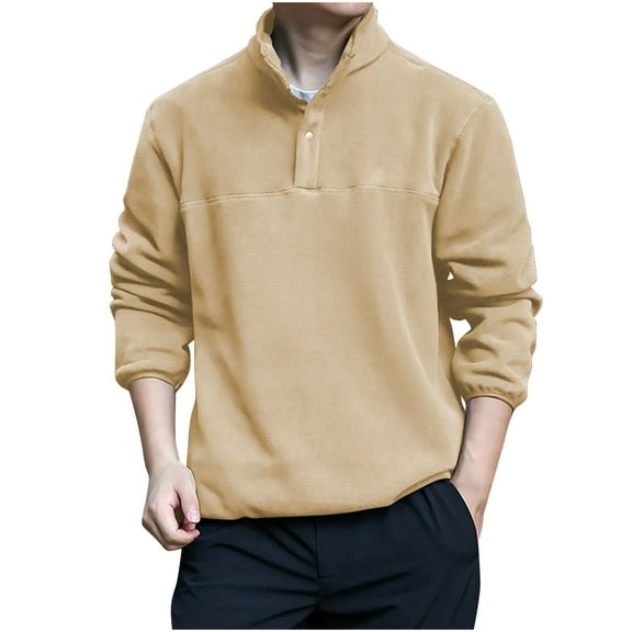 safuny Men's Fashion Solid Color Pullover Long Sleeve Shirts Stand Collar Sweatshirts Button Outwear Casual Loose Tops Big&Tall Yellow XL