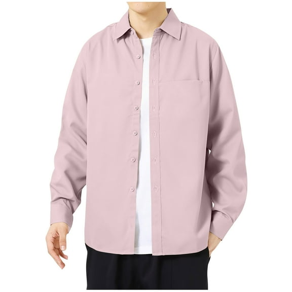 safuny Men's Fashion Solid Color Pullover Long Sleeve Tops Pockets Casual Shackets Loose Business Shirts Big&Tall Workout Turn Down Collar Sweatshirts Button Pink L