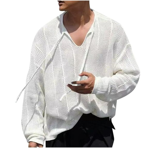 safuny Men's Fashion Solid Color Pullover Outwear Loose Tops Big&Tall Long Sleeve Shirts V Neck Sweatshirts Casual Hollow Out Knitted Sweaters White L