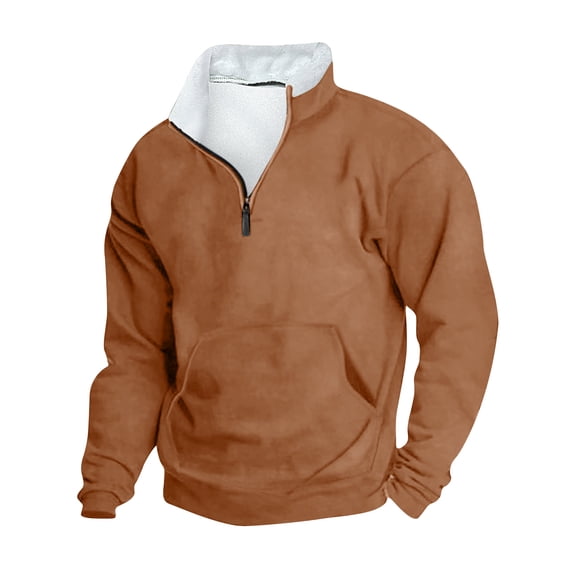 safuny Men's Fashion Solid Color Quarter Zipper Sports Pullovers Casual Stand Collar Sweatshirts Pocket Fall Workout Clearance Loose Soft Fleece Tops Sweaters Long Sleeve Brown S