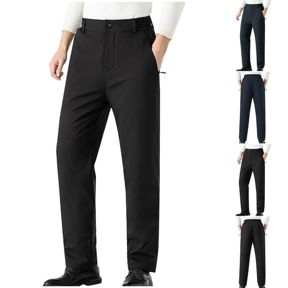 safuny Men's Fashion Winter Thicken Pants Casual Straight Leg Suit Pants with Pockets High Waist Trousers Big&Tall Business Flat Front Pant Dress Pants Fleece Work Black L