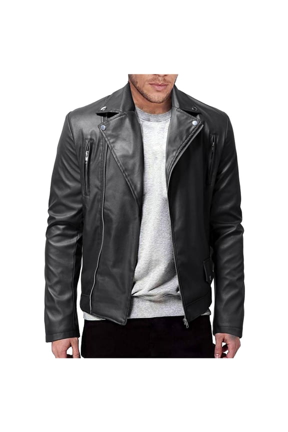 Men's Fashion Zip Up Faux Leather Jacket Stylish Long Sleeve Motorcycle Coat Windproof Warm able Zippered Outwear Casual Winter Clothing Black L