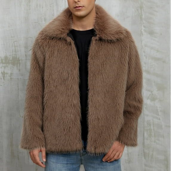 safuny Men's Faux Fur Coat Winter Warm Lapel Furry Faux Fur Jacket Long Sleeve Cardigans Casual Outerwear Brown L