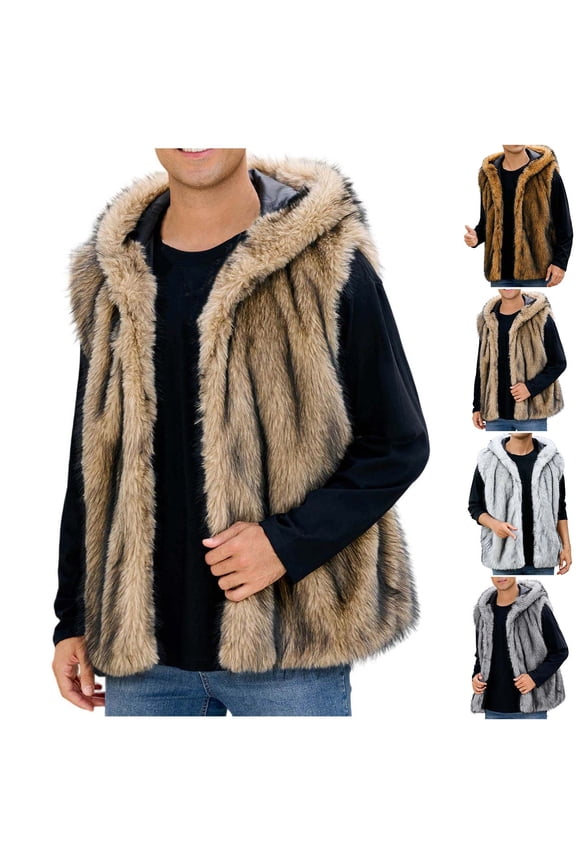 Men's Faux Fur Sleeveless Hooded Jacket Warm Winter Thickening Sleeveless Coats Cardigan Hoodie Outwear Brown L