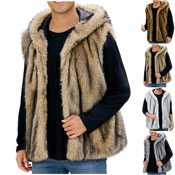 safuny Men's Faux Fur Sleeveless Hooded Jacket Warm Winter Thickening Sleeveless Coats Cardigan Hoodie Outwear Brown L