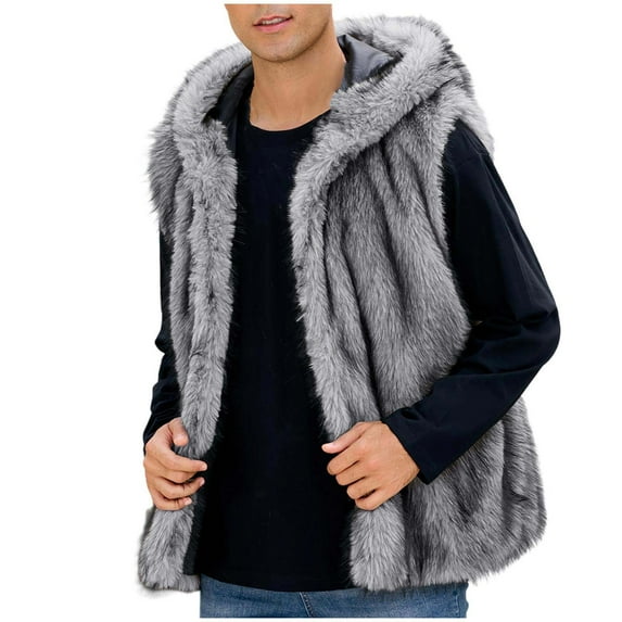 safuny Men's Faux Fur Sleeveless Hooded Jacket Warm Winter Thickening Sleeveless Coats Cardigan Hoodie Outwear Dark Gray L